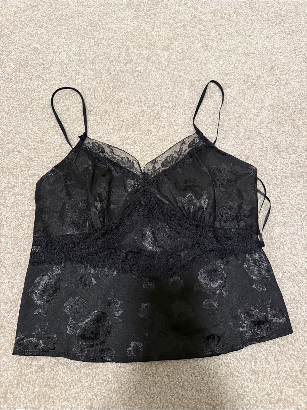 Sheer Floral Lace-Trim Black Satin Cami